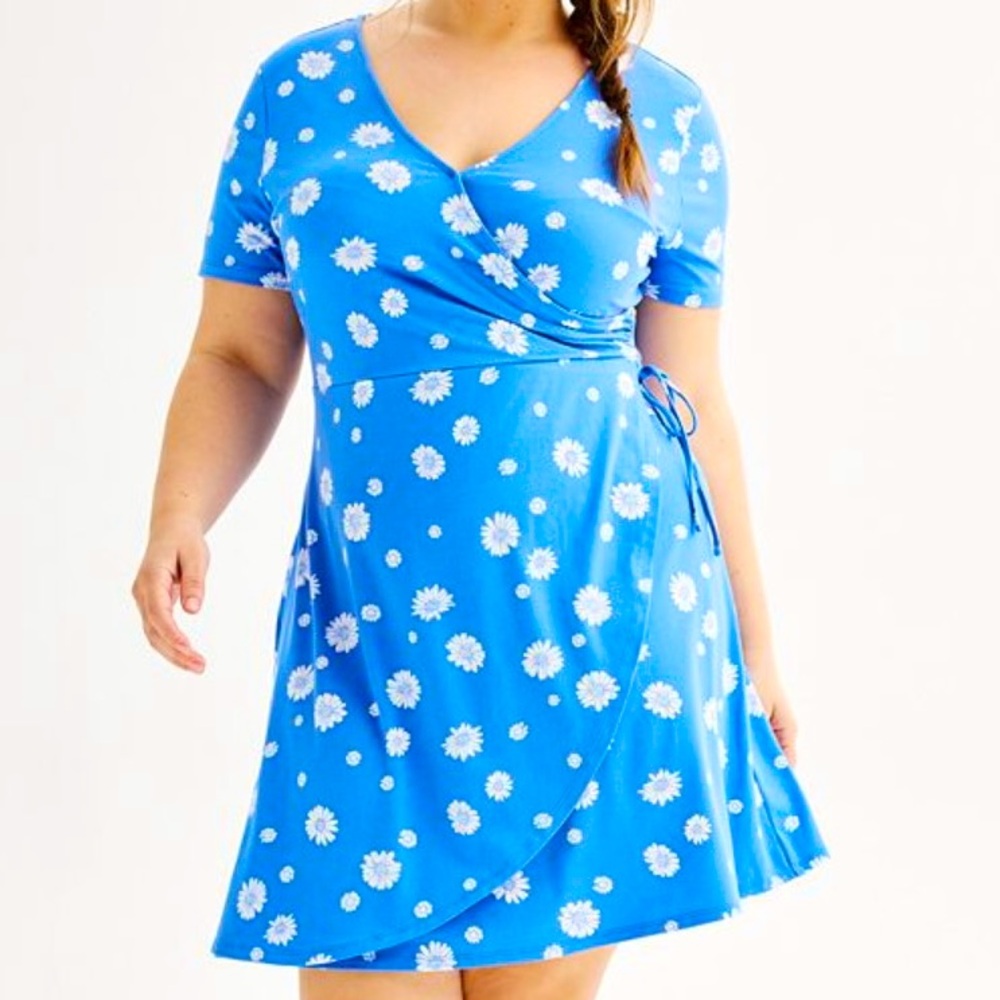 SO Faux Wrap Floral Blue Dress 1X